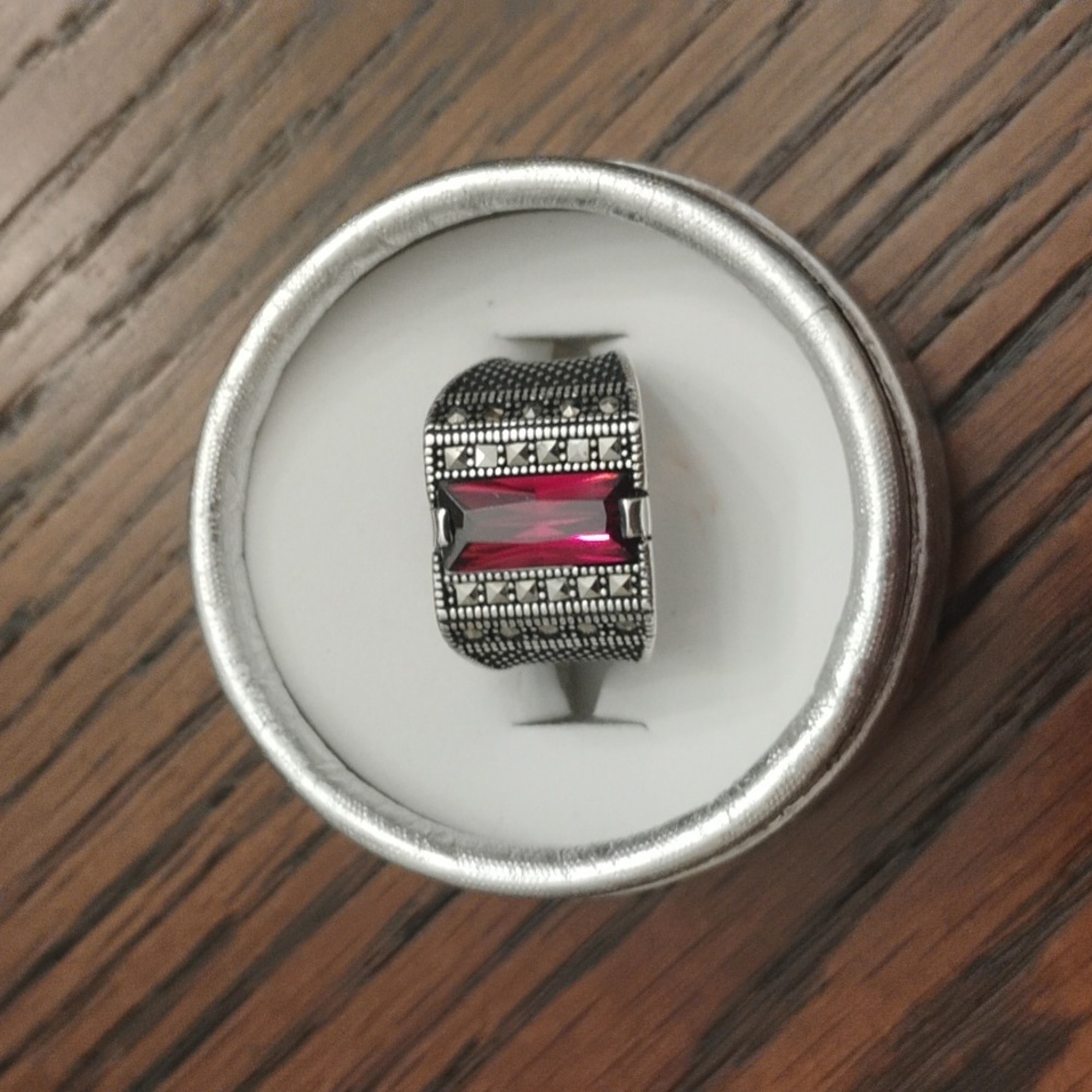 Garnet & Marcasite Handmade Turkish Sterling Silver Ring